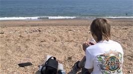 Louis on Slapton Sands at Torcross, 19.2 miles into the ride